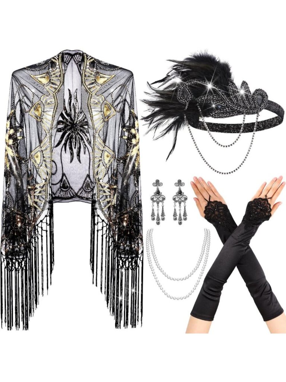 1920s Flapper Accessories Set - Headpiece, Shawl, Necklace, Earrings & Gloves